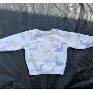 Zara Kids Pastel Swan Print Sweatshirt White Crew Neck Pullover 12-18 Months